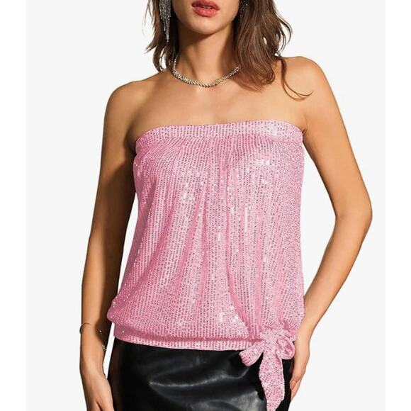 GRACE KARIN Plus Sequin Elastic Ruched Twist Knot Tie Tube Top Pink NWT Size 2XL - Picture 1 of 4